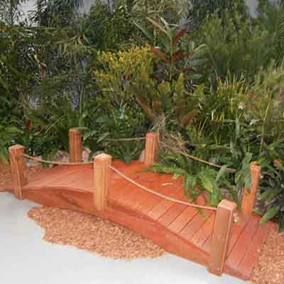 Event prop hire - Casual TPR NIDA tropical jungle theme - prop, wooden bridge, tent, mulch